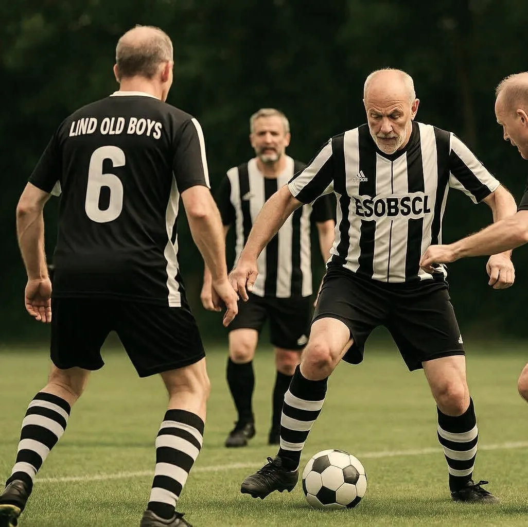 Udendørs fodboldspillere i Lind Old Boys' sort-hvide spilledragter
