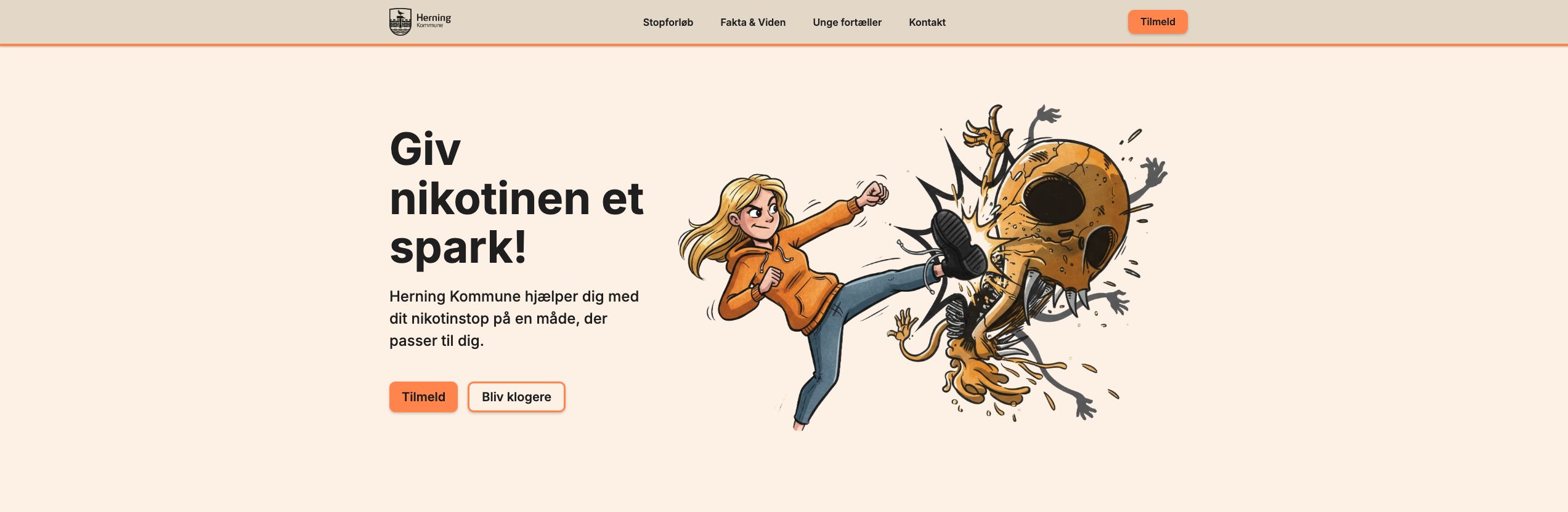Hero-sektionen på Giv nikotinen et spark med overskrift, knapper og illustration