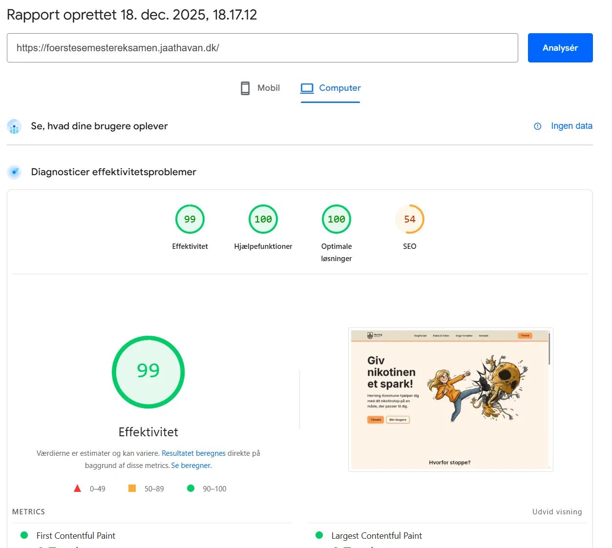 PageSpeed Insights-resultat og CSS-validering for kampagnesitet