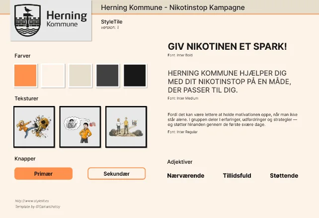 Style tile med farver, typografi, illustrationer og knapper til nikotinstopkampagnen