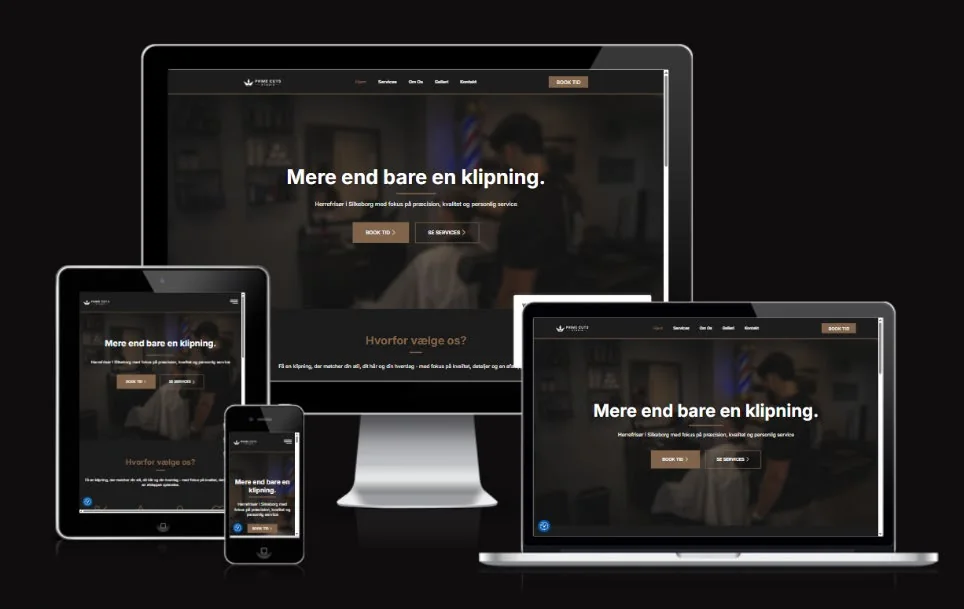 Responsiv mockup af Prime Cuts Studios redesign på mobil, tablet og desktop